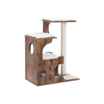 Krabpaal kattenboom met 3 ligplekken, sisal, MDF, vintage bruin-wit, 66 x 42 x 88 cm
