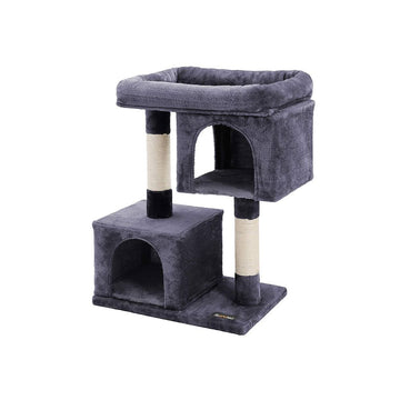 Krabpaal met groot platform, 2 kattenholen, speelhuis, pluche, rookgrijs, 60 x 40 x 84 cm