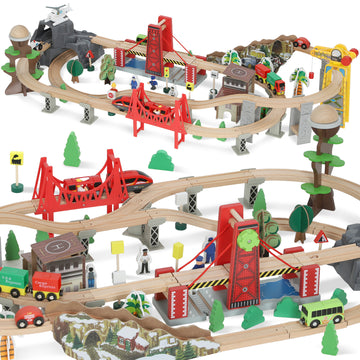 Houten treinset 100-delig met magnetische kraan | Kleur: Naturhout | Afmetingen: 60x118x27,5 cm