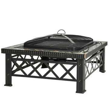 Vierkante vuurkorf BBQ - Vuurschaal en barbecue | Kleur: Zwart | Afmetingen: 76x76x47 cm