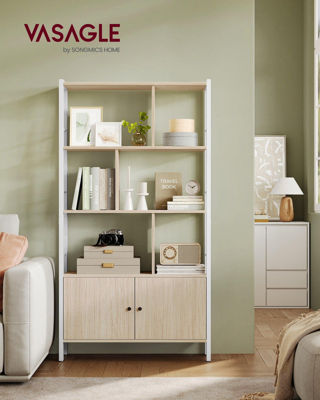 Bücherregal mit 4 offenen Regalböden | Naturbeige-Wolkenweiß | 74x30x154,5 cm