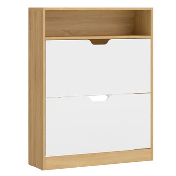 Schoenenkast met open vak en 2 kleppen | Goud eikenkleurig-wolkenwit | 80x24x102 cm
