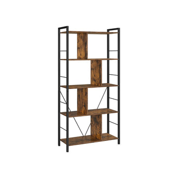 Boekenkast, 5 niveaus, open hoekrek, vintage bruin/zwart, 74 x 30 x 150 cm