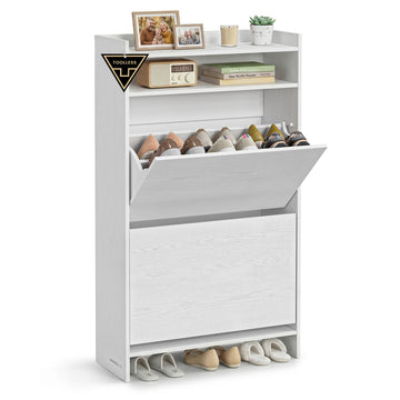 Smalle schoenenkast met 2 klepdeuren en verstelbare scheidingswand | Sneeuwwit | 60x24x102,8 cm