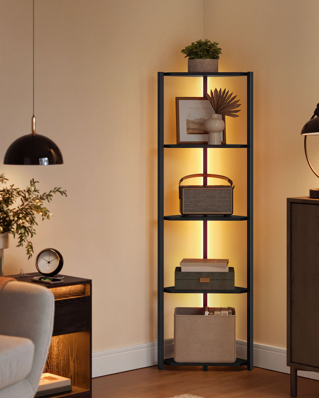 Hörnstälkage med 5 hyllplan och justerbar LED-belysning | Svart | 48x24,8x146,6 cm