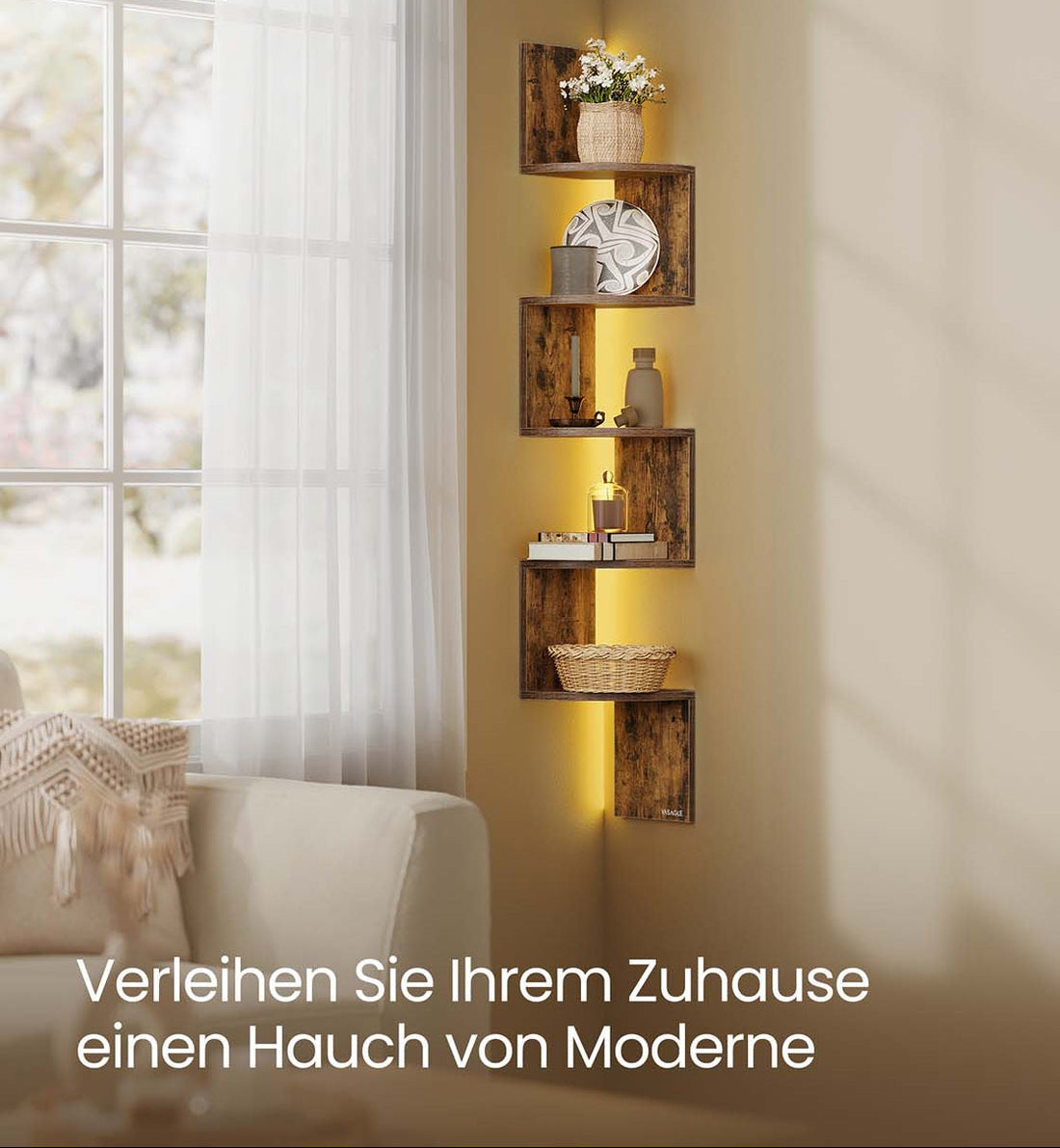 Hoekplank met LED - Ruimtebesparend wandrek - Bruin - 20 x 20 x 126 cm