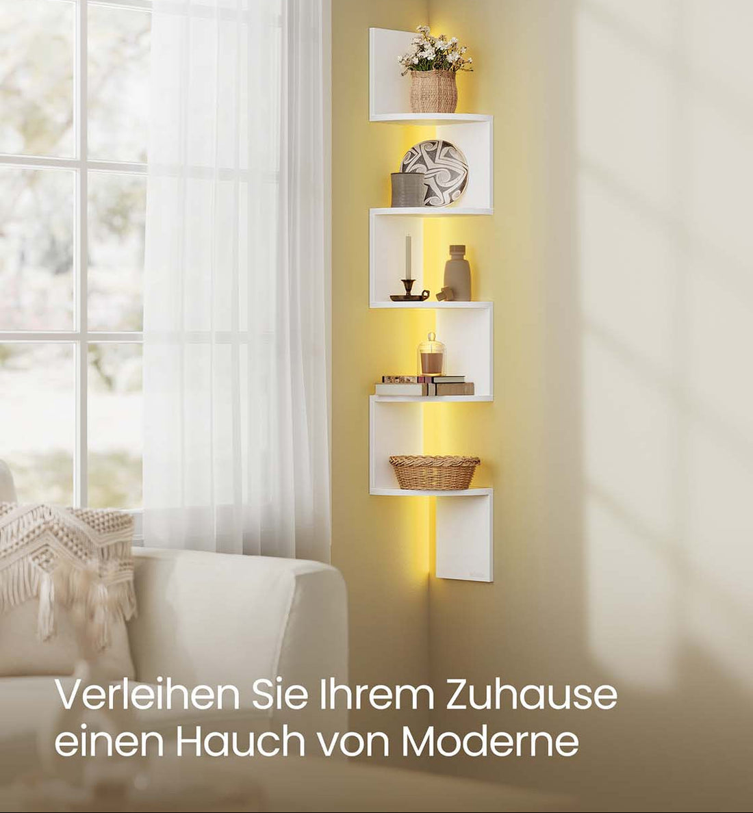Hoekrek met LED-verlichting - Wandrek - Ruimtebesparend - 20 x 20 x 126 cm - Wit