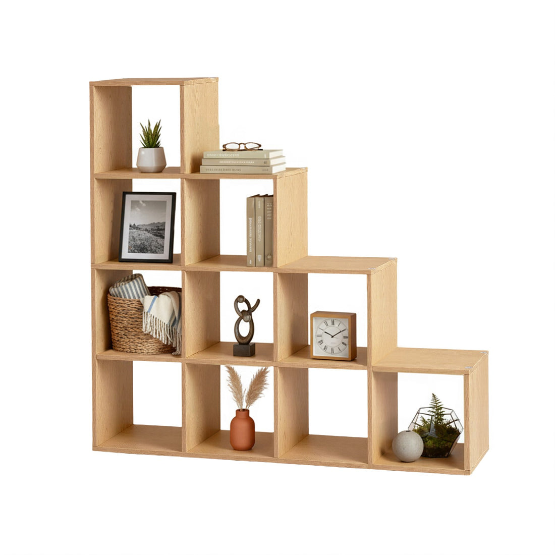 Bücherregal mit 10 Fächern, treppenförmig für Wohnzimmer | Beige | 129,5x29x129,5 cm