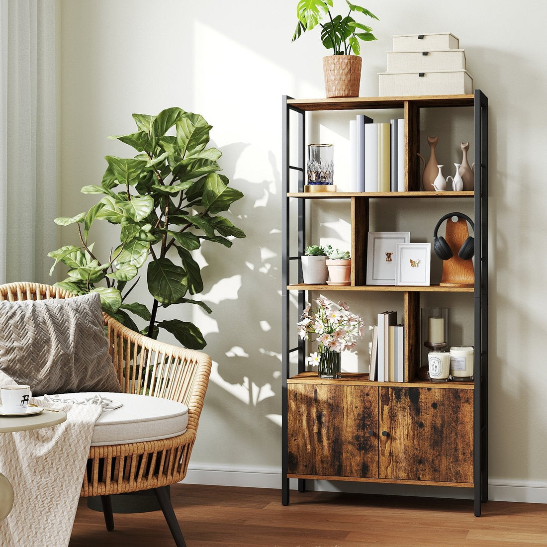 Vintage boekenkast met 4 planken - hout/metaal - ruimtebesparend - 30 x 74 x 154,5 cm