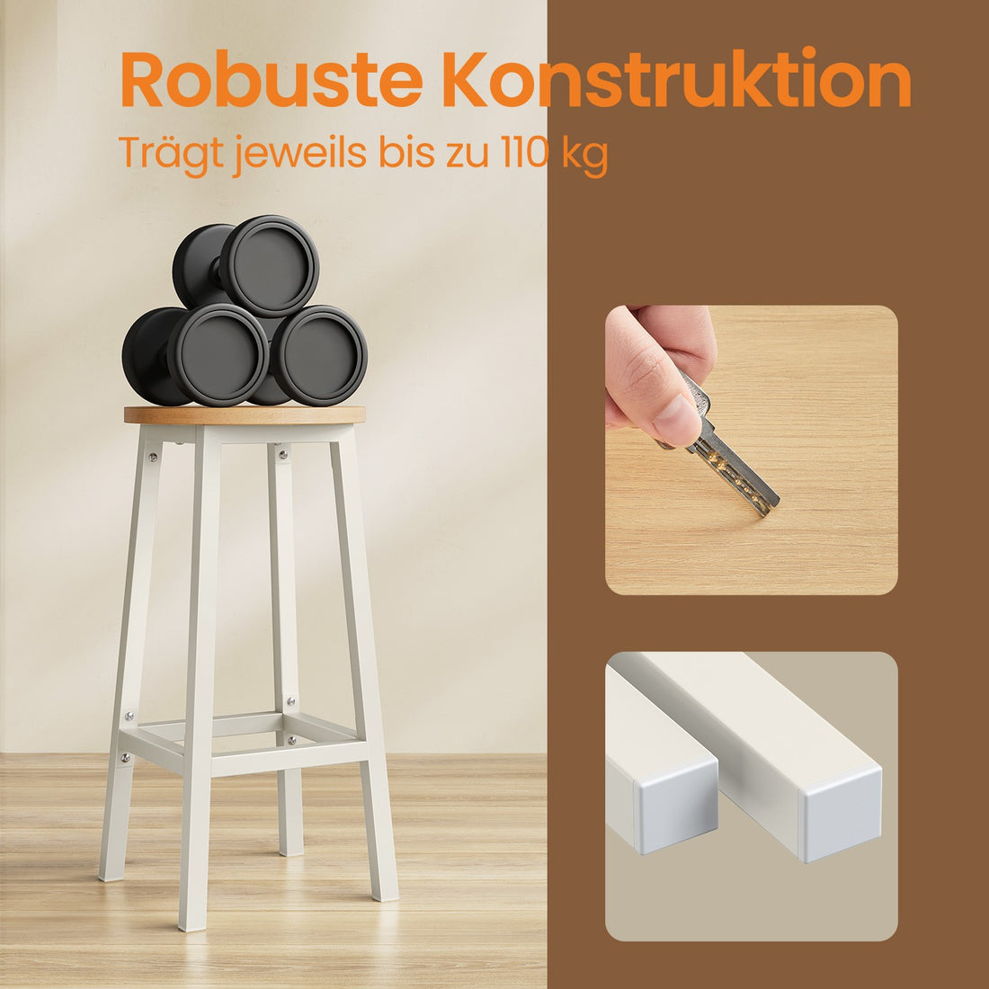 2er Set Barhocker mit Metallrahmen | Eiche Beige-Weiß | 32x32x65 cm