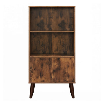3-laags boekenkast met deuren in mid-century stijl | Houtlook/bruin | 60x30x120 cm