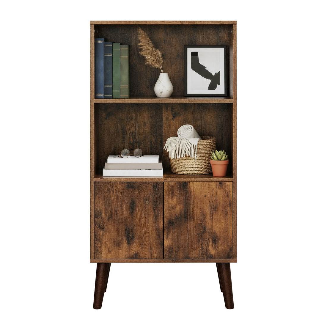 3-stöckiges Bücherregal mit Türen im Mid-Century-Stil | Holzoptik/Braun | 60x30x120 cm