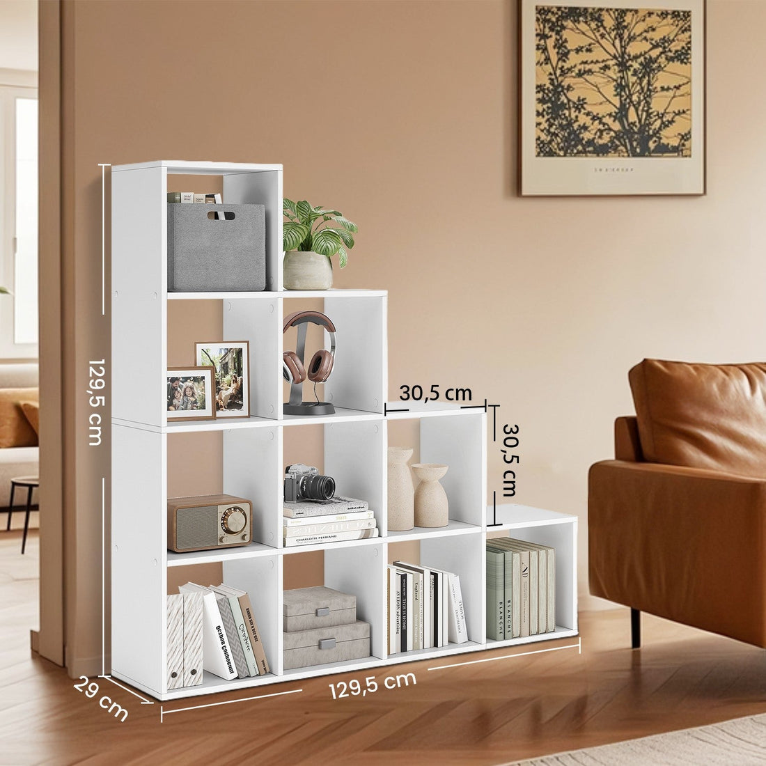 10-Fach-Bücherregal – offenes Regal – Treppenmodell – 129,5 x 29 x 129,5 cm