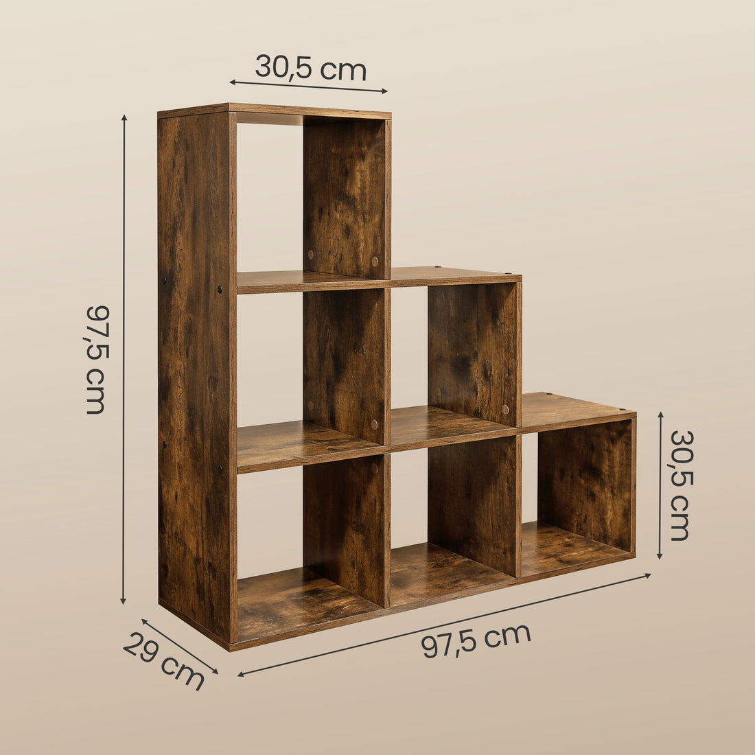 Bücherregal mit 6 Fächern, Aufbewahrungssystem für Wohnzimmer | Braun | 97,5x29x97,5 cm
