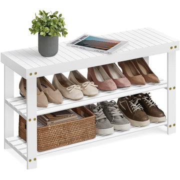 Schoenenbank van bamboe met 3 niveaus | Wolkenwit | 90x28,7x45,3 cm