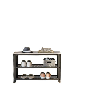 Schoenenbank met 2 roosterplanken, hout en staal, ruimtebesparend, 73 x 30 x 45 cm