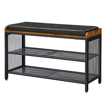 Gepolsterde schoenenbank met roosterplank en schoenenrek | Vintage/donkerbruin | 80x30x48 cm