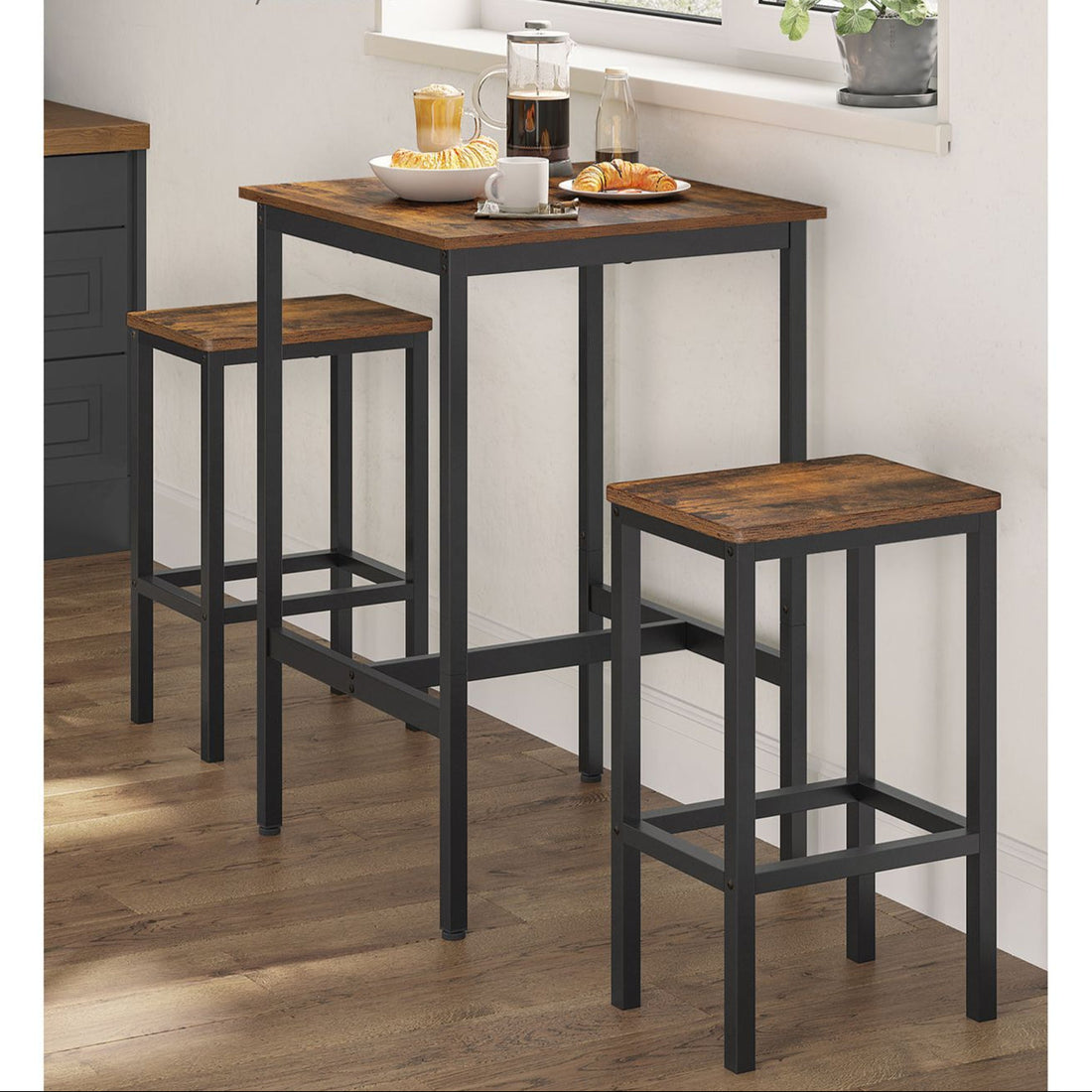 Vintage Bartisch-Set mit 2 Stühlen - platzsparend - Braun-Schwarz, 60x60x90 cm