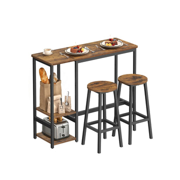 Bartafelset met 2 barkrukken en opbergrek | Vintagebruin-zwart | 110x40x90 cm