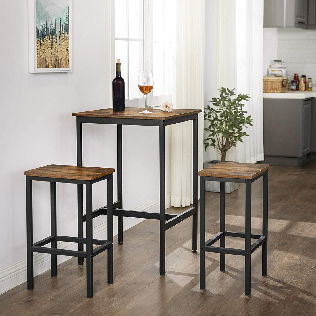 Vintage brunsvart barbord – spånskiva, stål – 60 x 60 x 92 cm