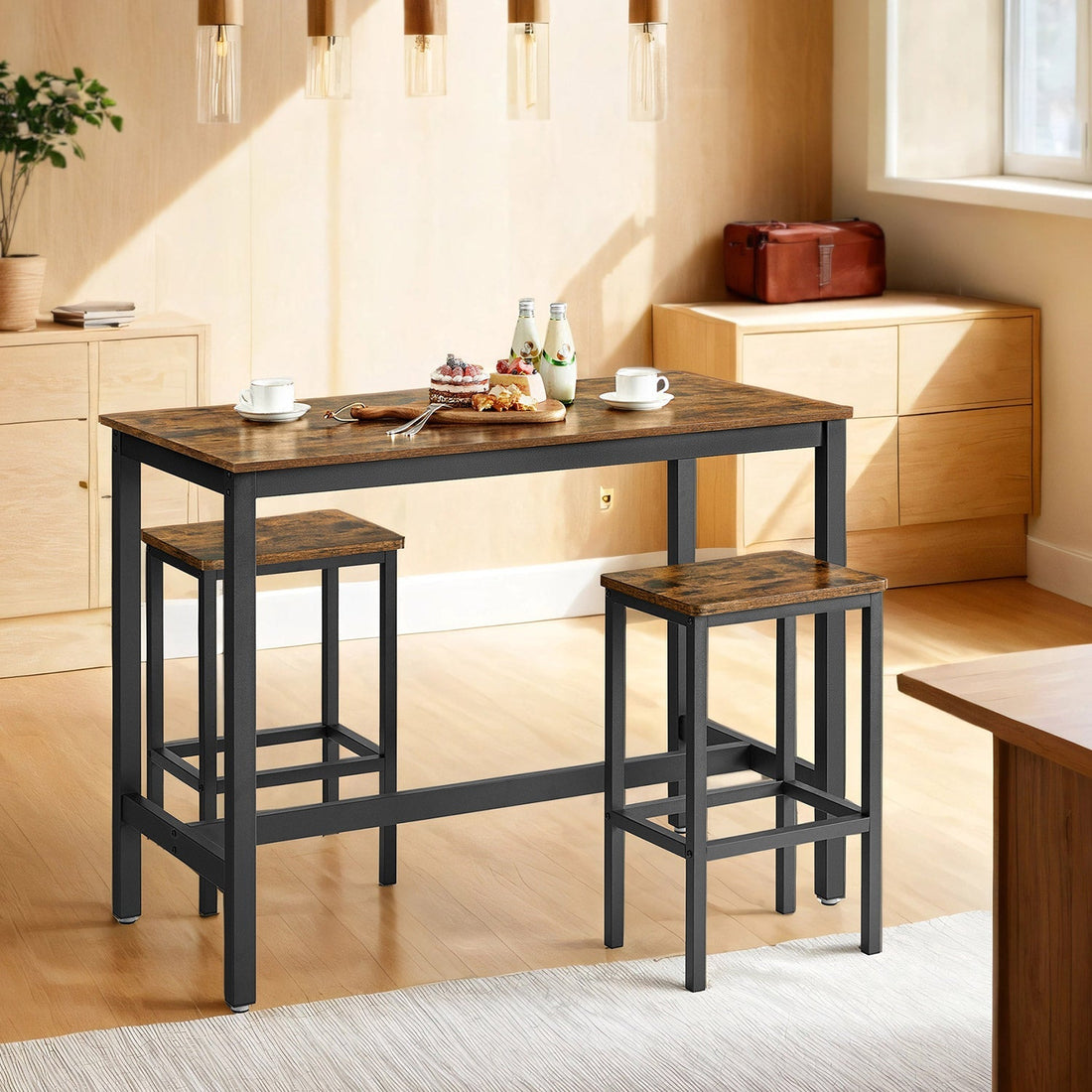 Bartisch-Set mit Tisch und Hockern - platzsparend - Holz und Eisen - 120x60x90 cm