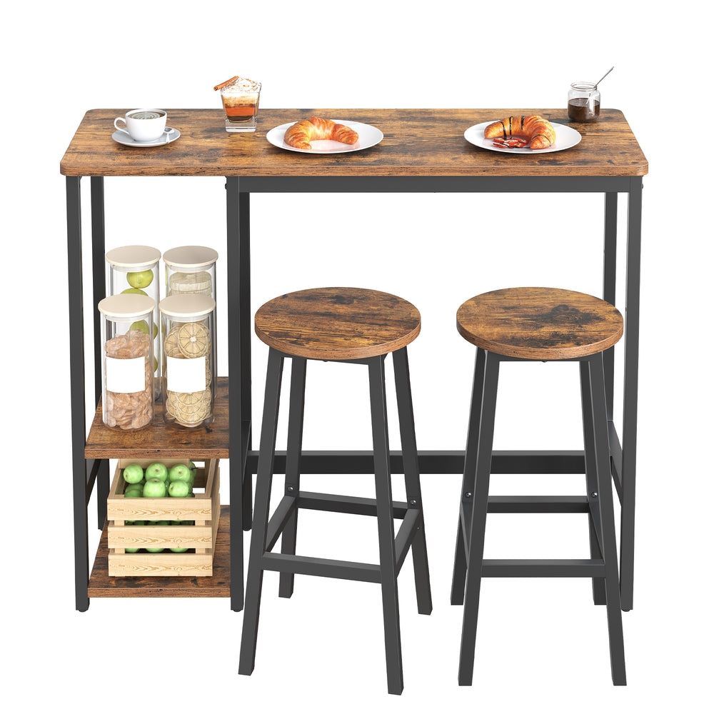 Bartisch-Set mit Ablage und 2 Barhockern, Metallrahmen | Braun-Schwarz | 110x40x90 cm
