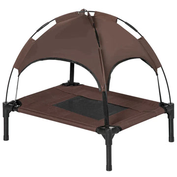 Verhoogd hondenbed met zonneluifel | Kleur: Koffie, zwart | Afmetingen: 46x61x62 cm