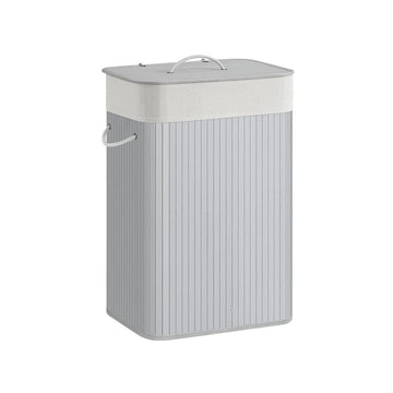 Wasmand met deksel, 72 l, 3 vakken, bamboe, grijs, 40 x 30 x 60 cm