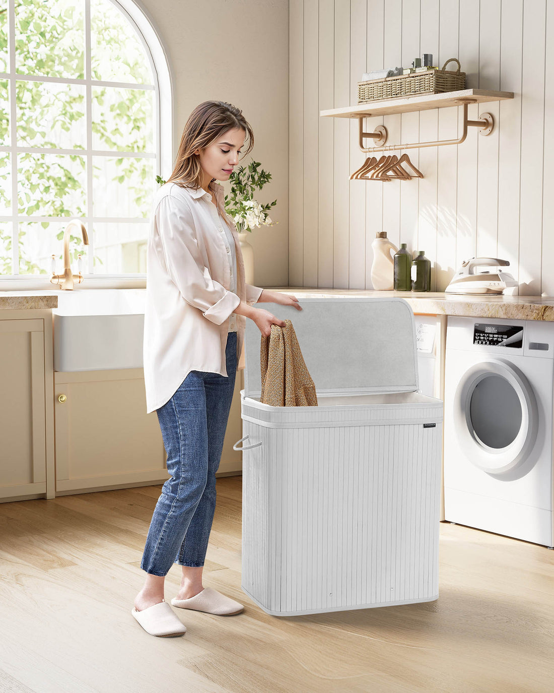 Witte bamboe wasmand met deksel - Kledingmand - Opbergmand - Lichtgewicht - 41.5 x 62.5 x 61 cm