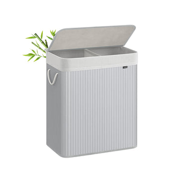 Wasmand 2 vakken 100 l met deksel en bamboe | Grijs | 31,5x51,5x61,5 cm