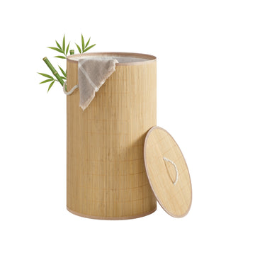 Ronde wasmand met deksel 90 l van bamboe | Naturel | 40x40x70 cm