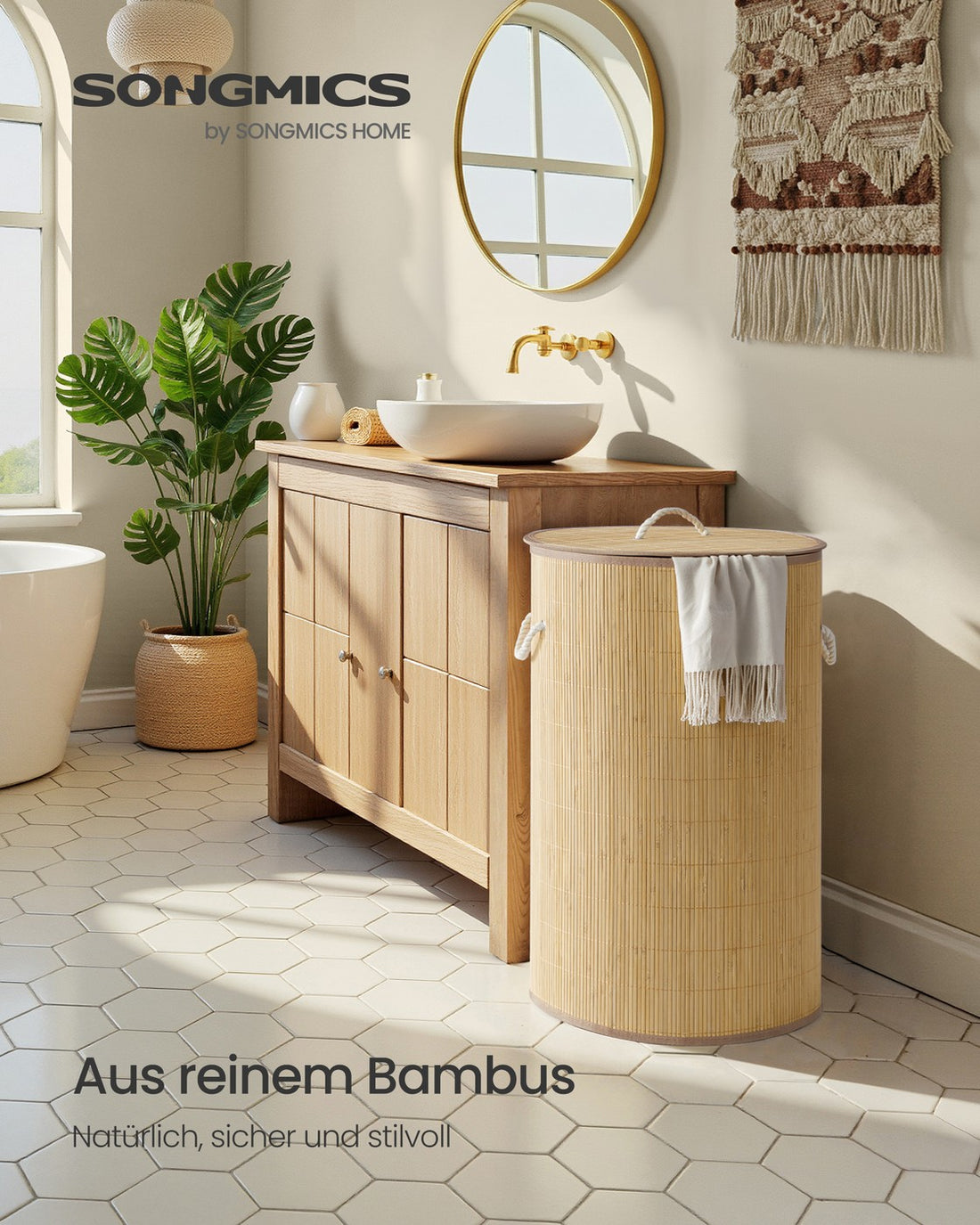 Rund tvättkorg med lock 90 l i bambu | Natur | 40x40x70 cm