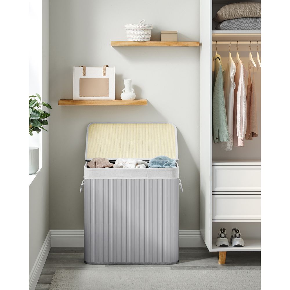 Wäschekorb mit 3 Fächern - Bambus - 150 l - Grau - 60 x 40 x 61,5 cm