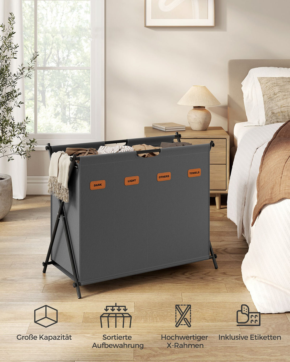 Wasmand 155 liter met 4 vakken | Leigrijs | 40x79,9x66 cm