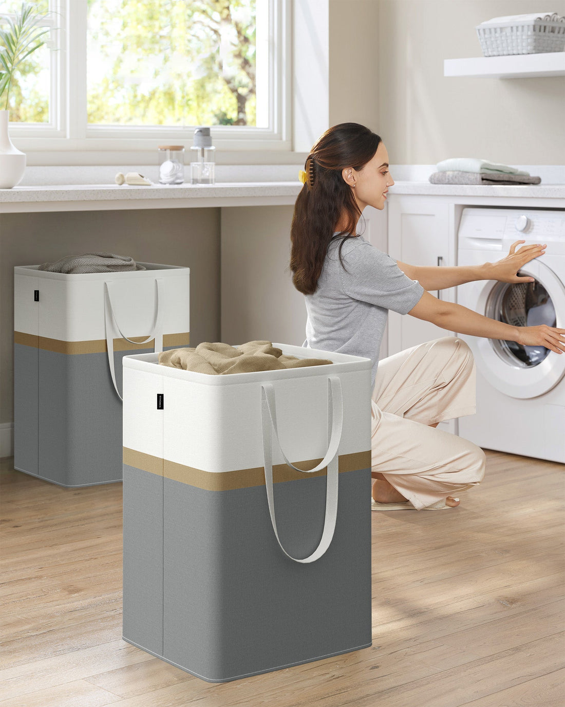 Wasmanden set van 2 – 110 l – met handgrepen – grijs en wit – 45 x 40 x 65 cm