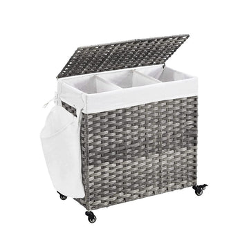 Wasmand met 3 vakken en wielen - grijs - 66 x 33 x 60 cm