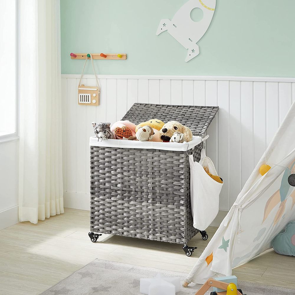 Wasmand met 3 vakken en wielen - grijs - 66 x 33 x 60 cm