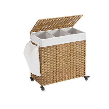 Wasmand met 3 vakken - inklapbaar - riet - naturel - 66 x 33 x 60 cm