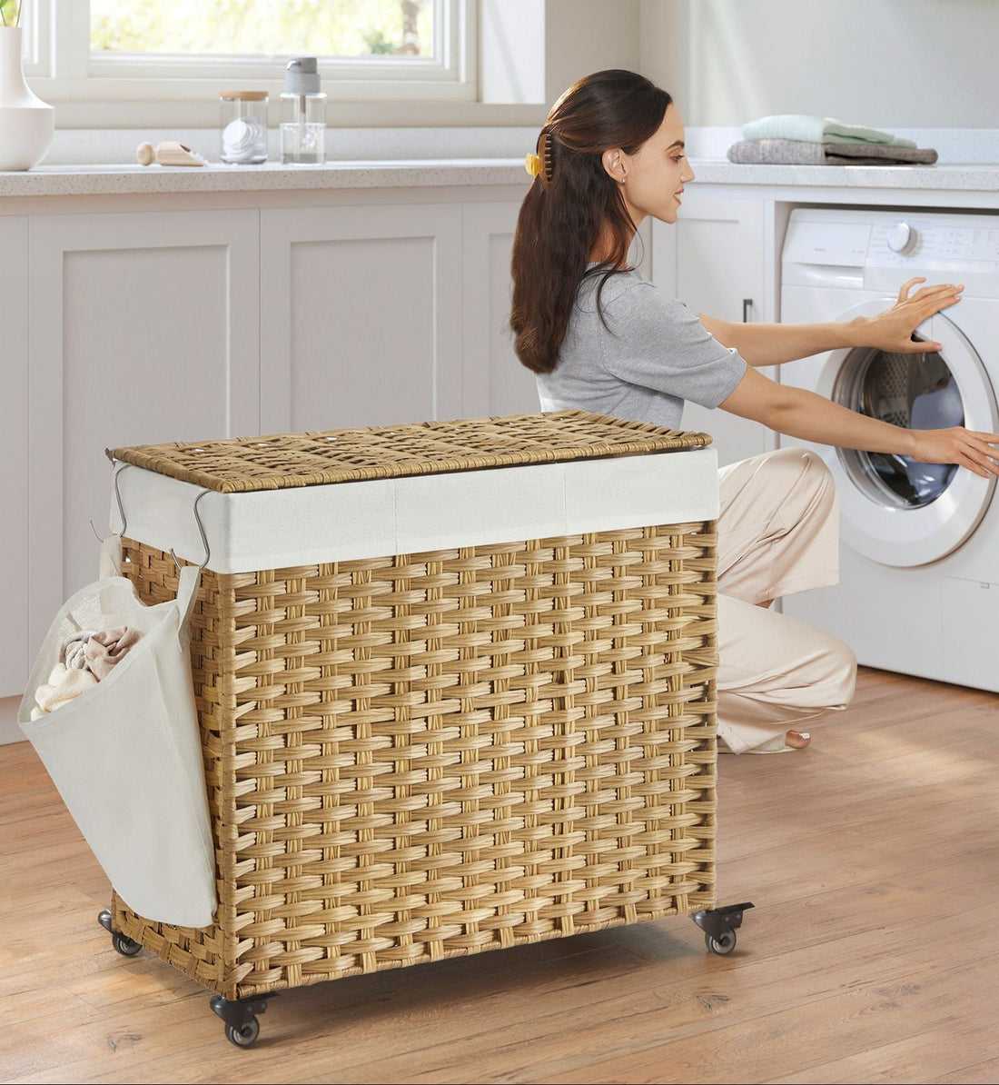 Handgeweven wasmand met metalen frame - opvouwbaar, ruimtebesparend - 66 x 33 x 60 cm