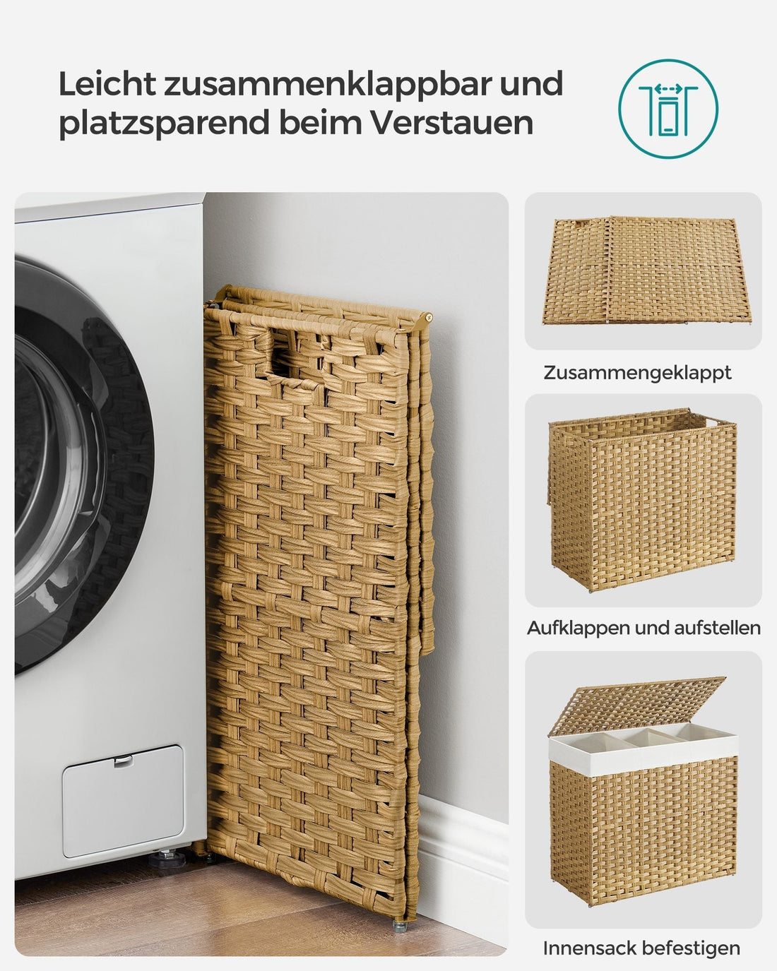 Wasmand met metalen frame - Ruimtebesparend - 70 x 36 x 66 cm