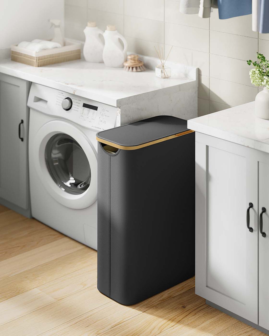 Wasmand 65 l met deksel | Inktzwart | 42x22,5x70,5 cm