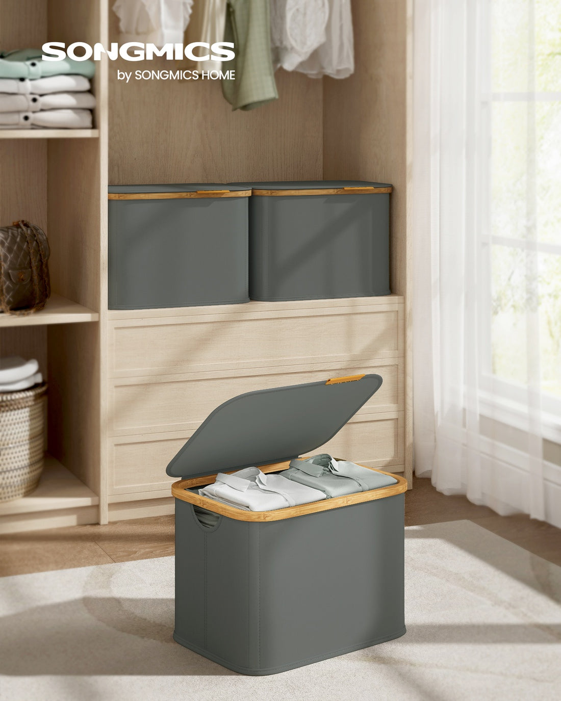 Wäschekorb mit Deckel 40 Liter Oxford-Stoff | Schiefergrau | 32x42x30 cm