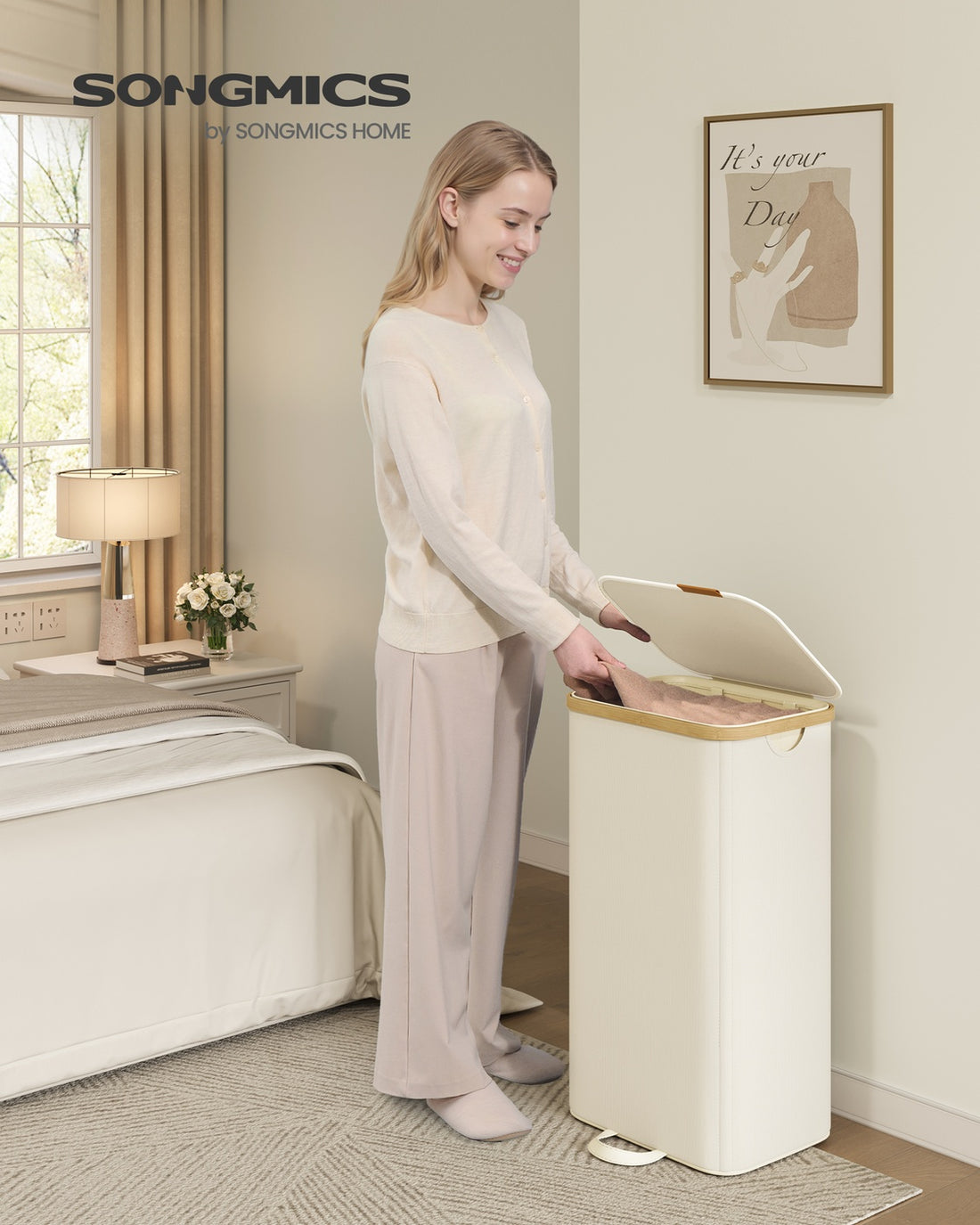 Wasmand met deksel en uitneembare waszak 100 l | Cremewit | 32x42x75 cm