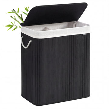 Wasmand 2 vakken 100 l met deksel en waszak van bamboe | Zwart | 32x52x61 cm