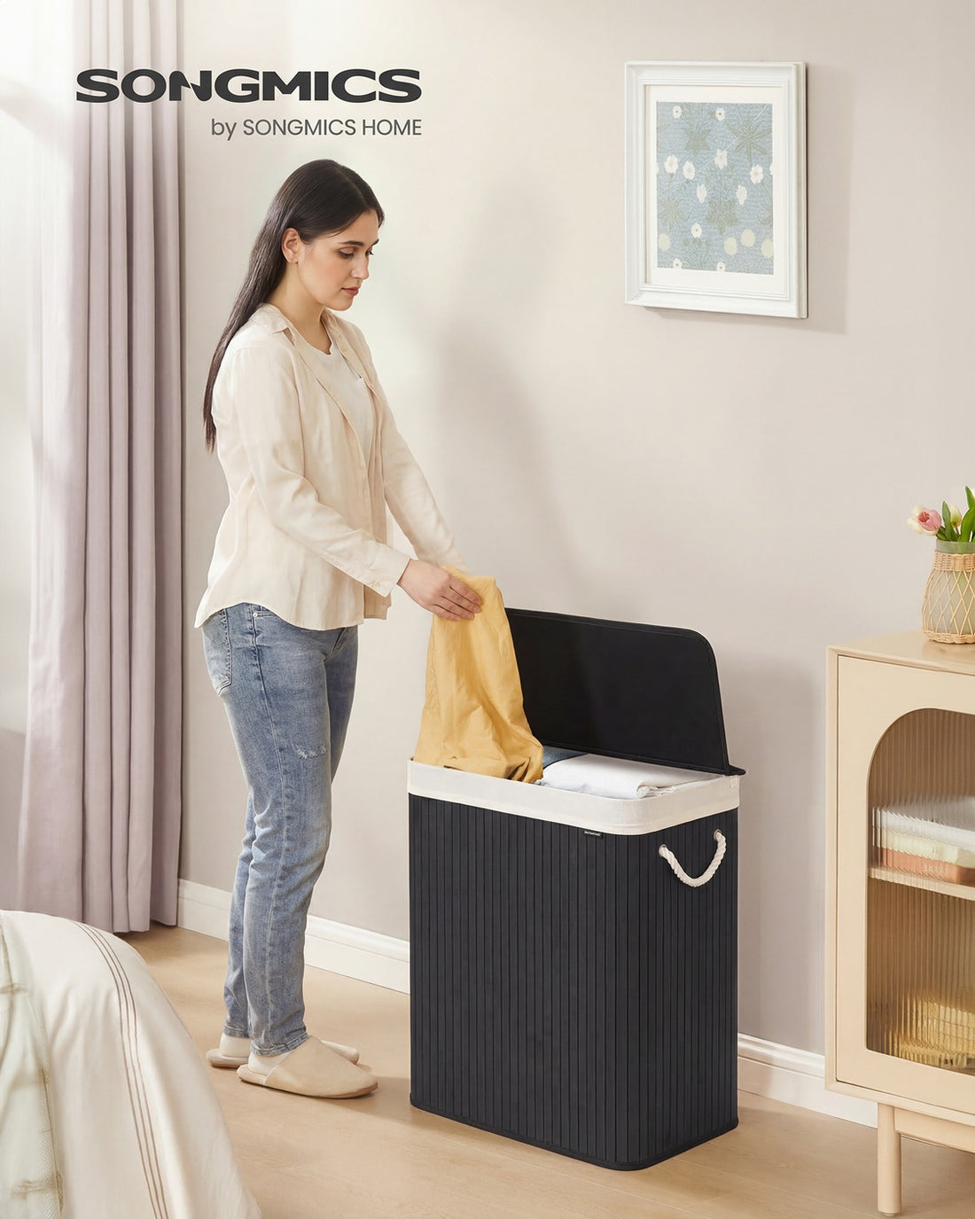 Wasmand 2 vakken 100 l met deksel en waszak van bamboe | Zwart | 32x52x61 cm