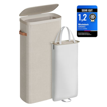 Wasmand 65 liter met deksel en handgrepen | Cappuccinobeige | 39x22x75 cm