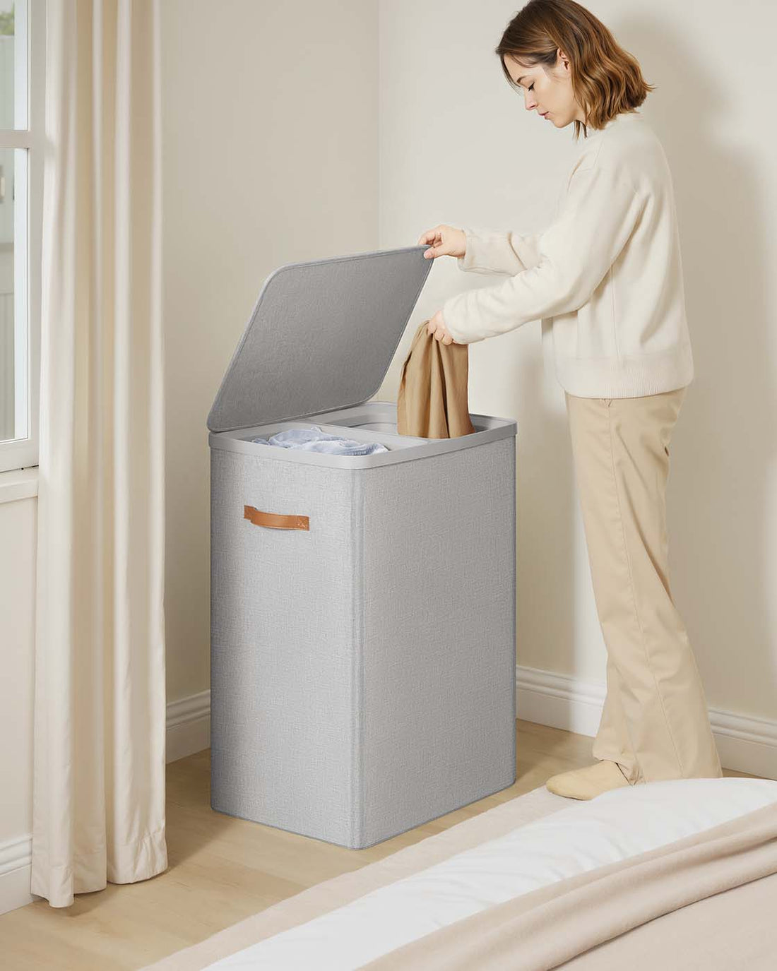 Tvättkorg med 2 fack – Klädorganisatör – robust – 56 x 40 x 75 cm – grå