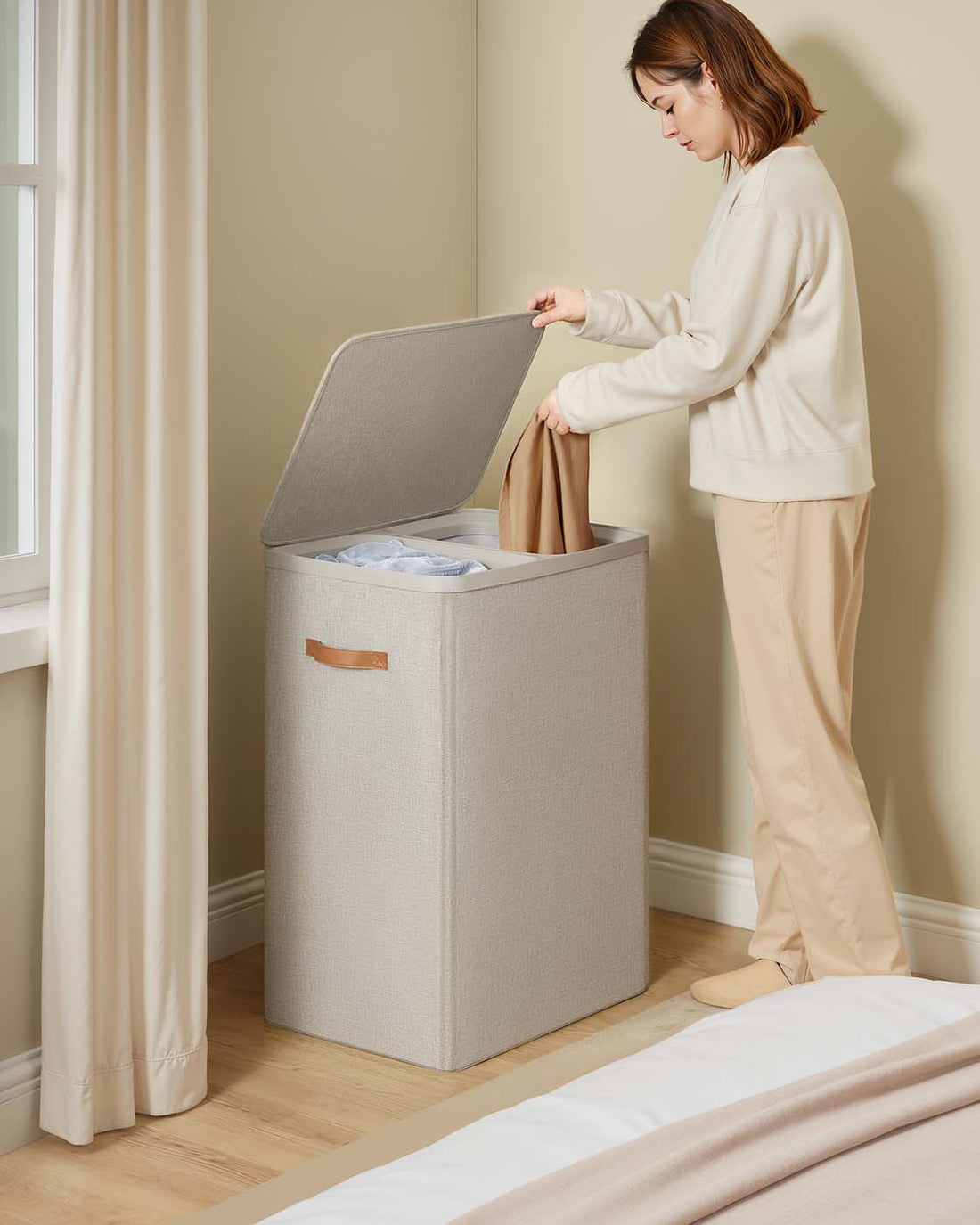 Wasmand met 2 vakken, 170 l, 56 x 40 x 75 cm, bruin