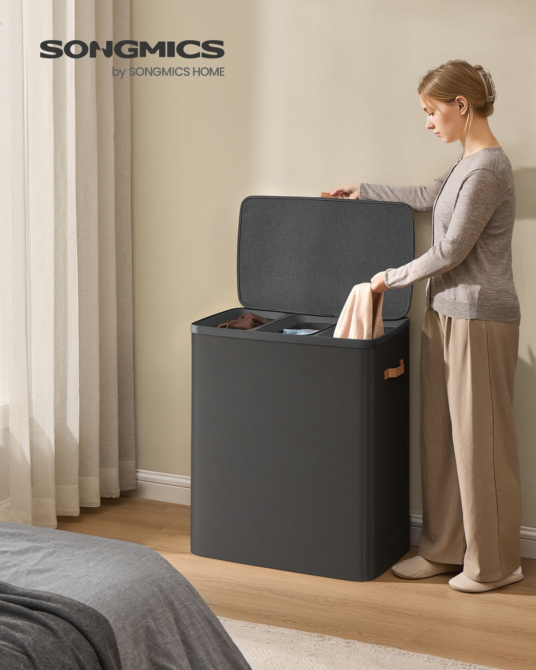 Wasmand 190 liter met 3 vakken | Inktzwart | 40x64x75 cm