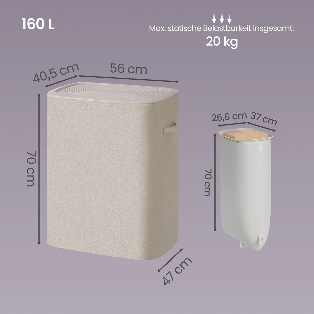 Wäschekorb mit Deckel und 2 Fächern, 160 l | Beige | 56x40,5x70 cm